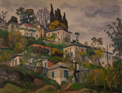 Zagora View Toward the Cypresses — Oil painting, Canvas, 50.00×65.00cm — Theodoros Markellos